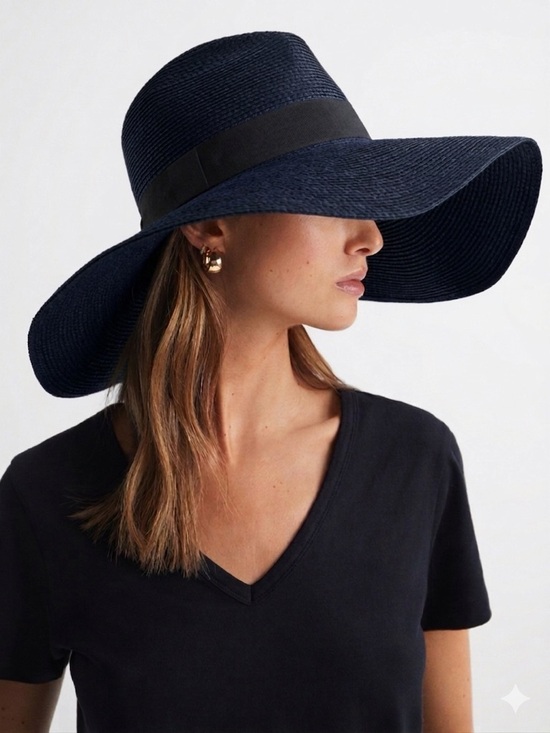 Reiss Accessories - Reiss Wide-Brim Straw Sun Hat with Ribbon Trim Wedding Beach Navy